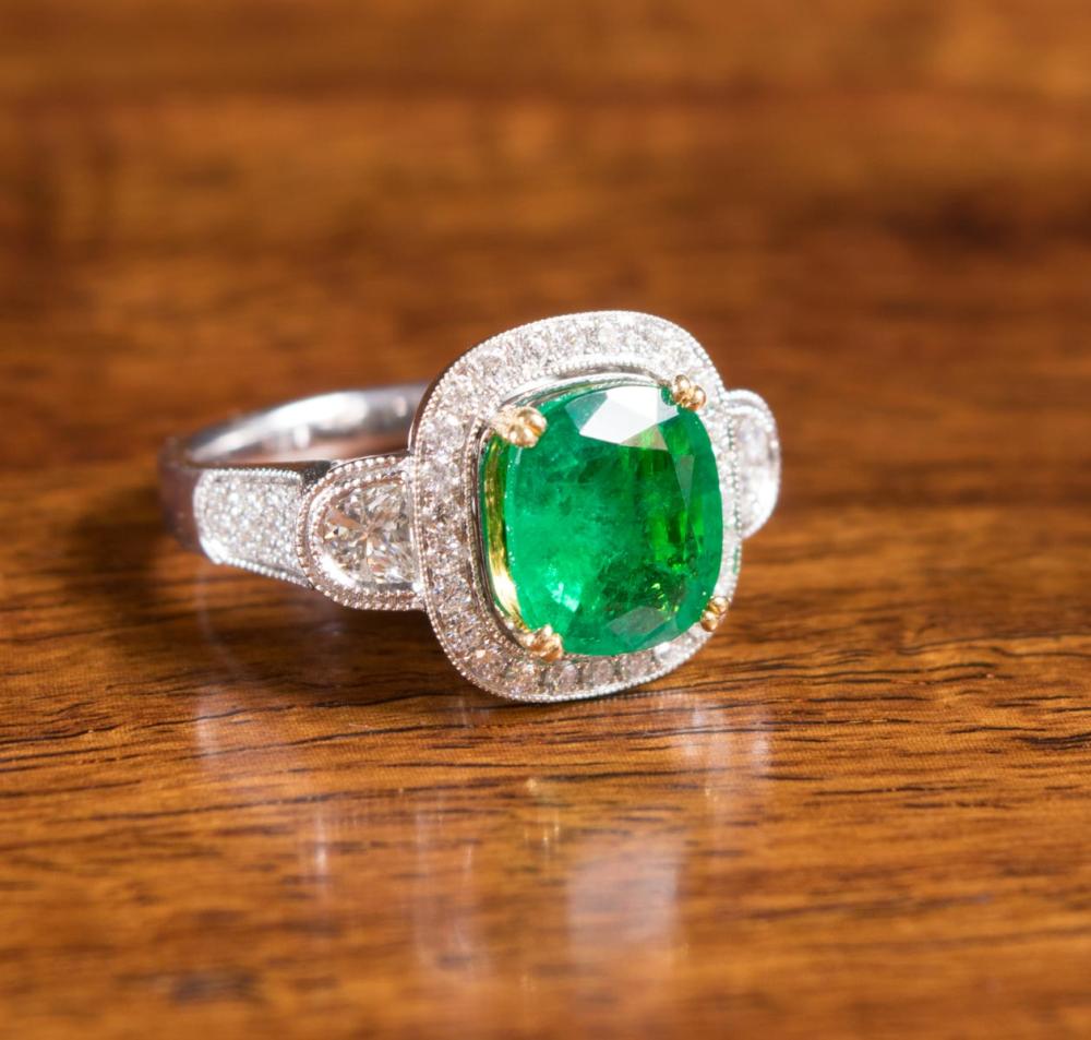 Appraisal: EMERALD DIAMOND AND EIGHTEEN KARAT GOLD RING with GIA Gem