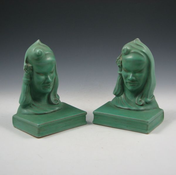 Appraisal: Pair of Roseville Burmese bookends in excellent matte green over