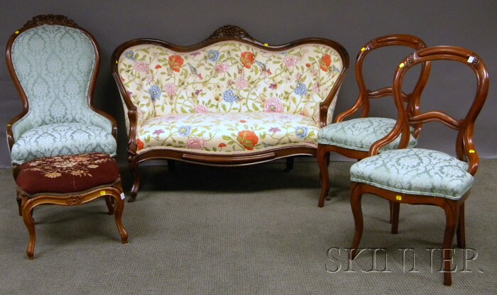 Appraisal: Five Pieces of Victorian Rococo Revival Upholstered Carved Walnut Parlor