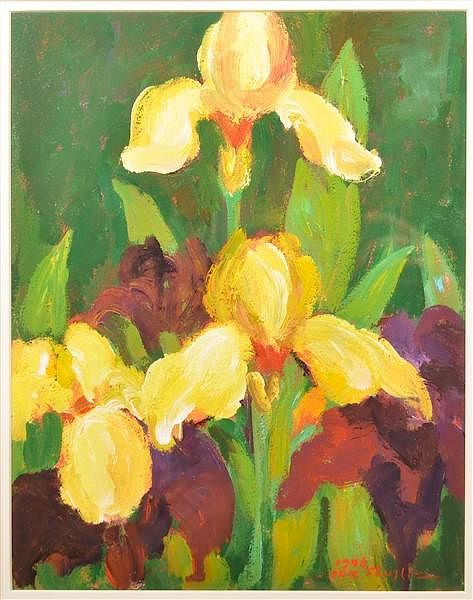 Appraisal: Suk Shugli Oil Painting of Yellow Iris Suk Shugli Oil