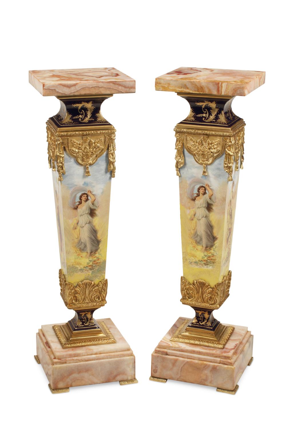 Appraisal: A PAIR OF FRENCH ONYX AND PORCELAIN PEDESTALSA pair of