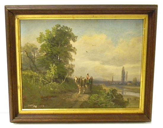 Appraisal: Oil on board depicting country landscape with man and horse-drawn