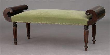 Appraisal: LATE FEDERAL MAHOGANY BENCH The upholstered seat flanked by scrolled