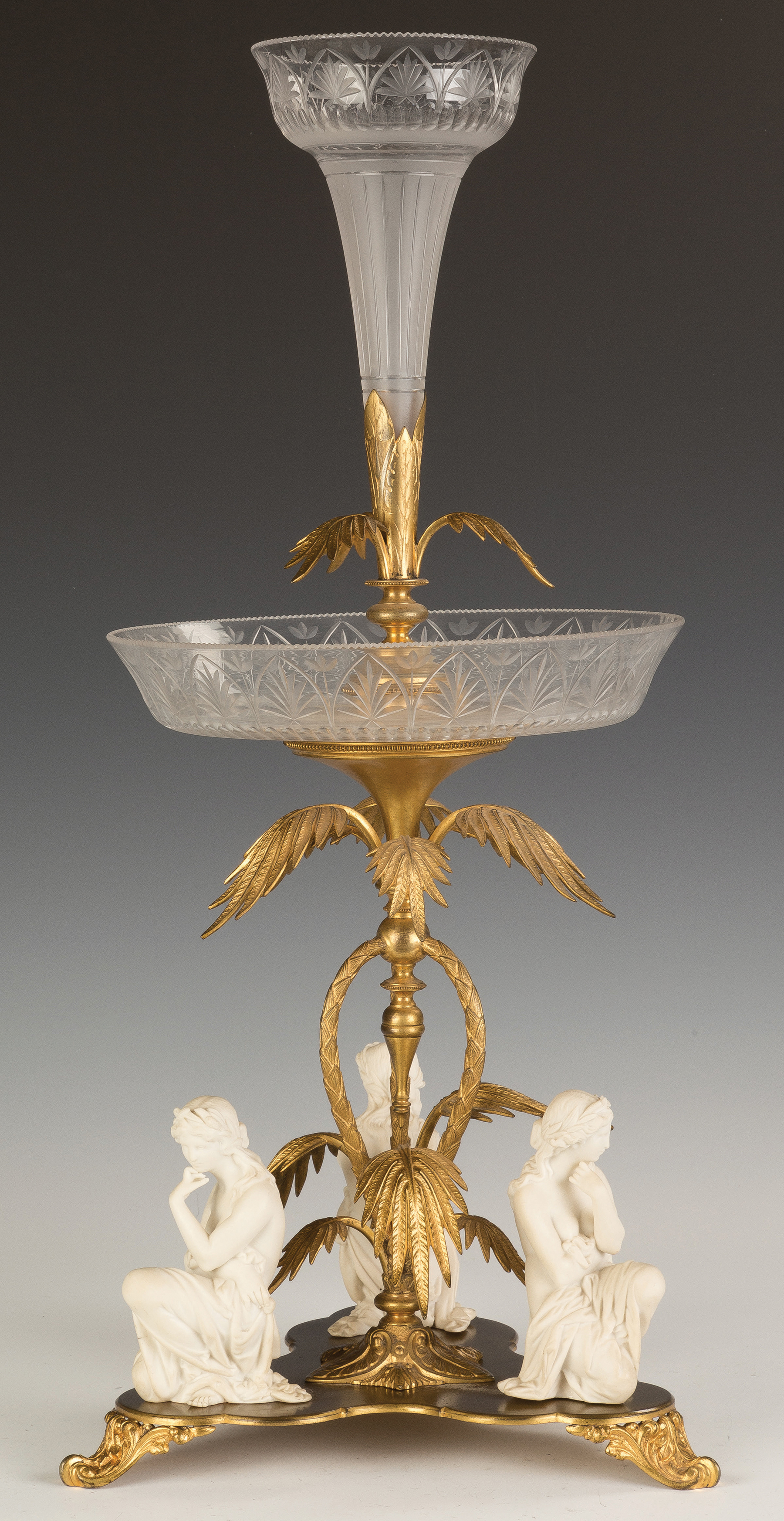 Appraisal: French Gilt Bronze Bisque Porcelain and Cut Glass Centerpiece Early