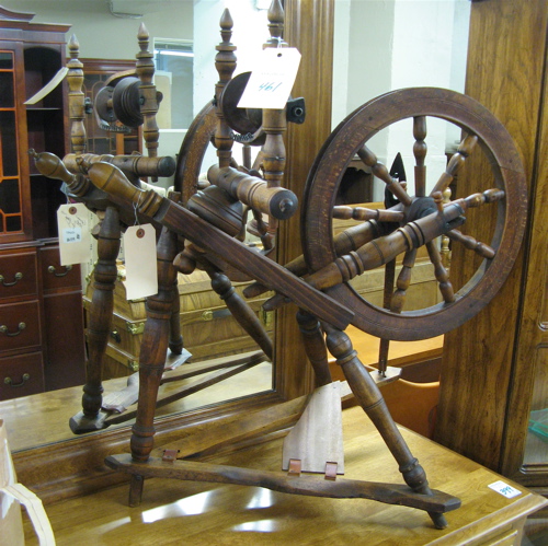 Appraisal: ANTIQUE SPINNING WHEEL WITH ACCESSORIES German th century with diameter