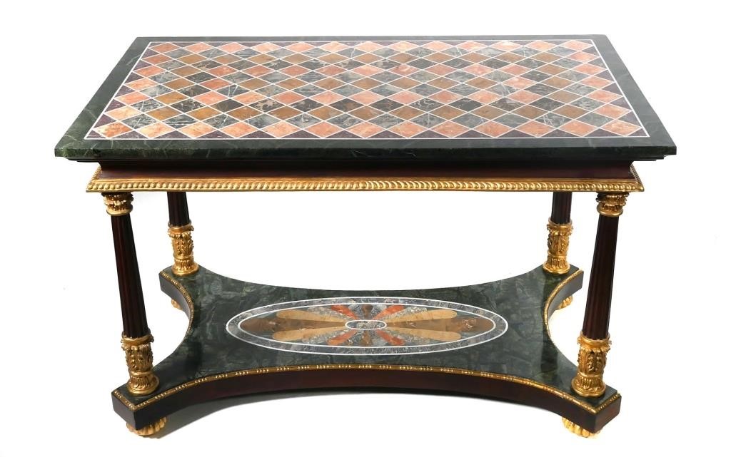 Appraisal: Hollywood Regency malachite and marble console table with fluted gilt