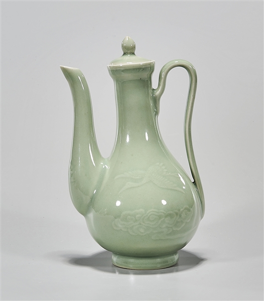 Appraisal: Chinese celadon glazed porcelain covered wine vessel birds in relief