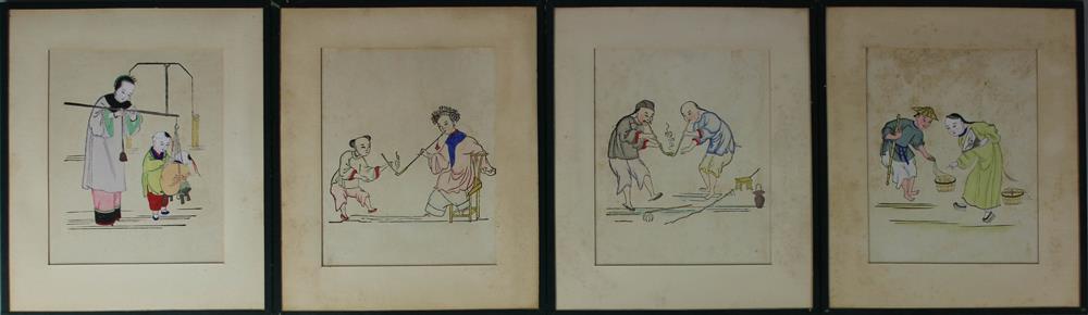 Appraisal: FOUR CHINESE HAND-TINTED FRAMED PRINTS each depicting charming scenes of