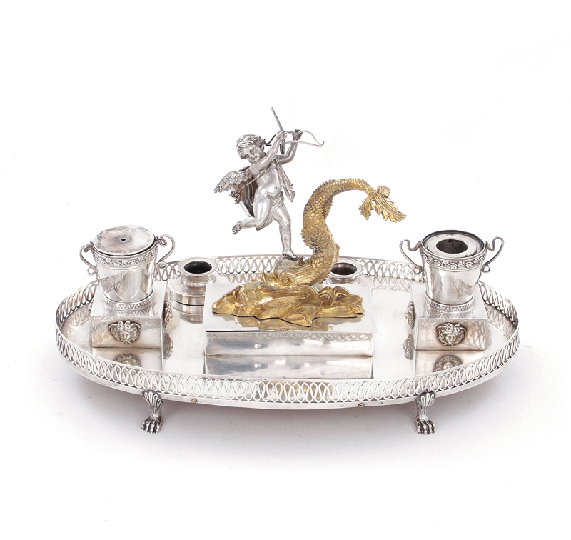 Appraisal: Continental silver figural ink stand th century cupid riding aloft