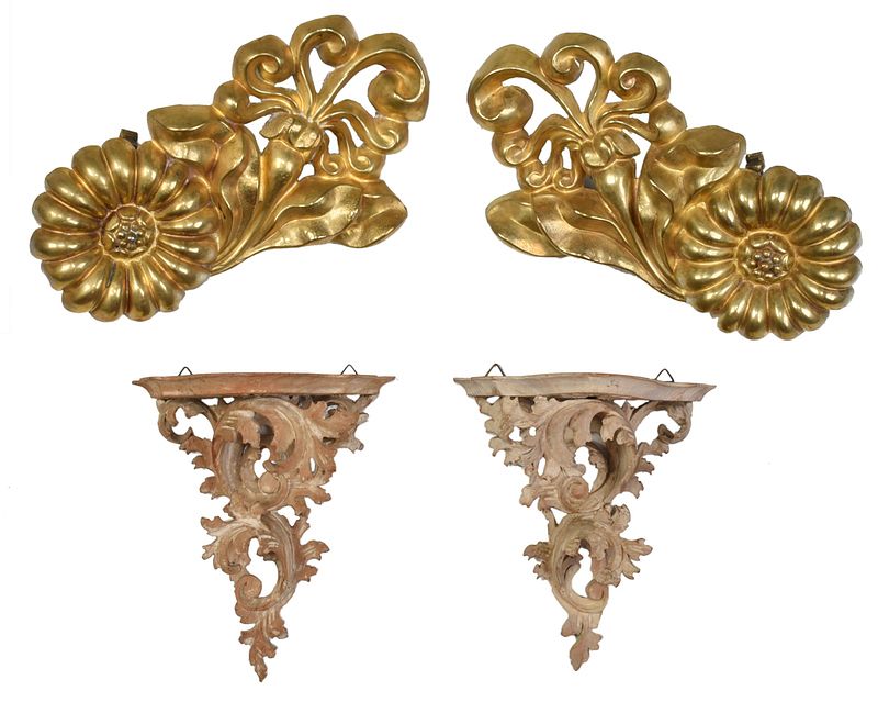 Appraisal: Pair Carved Wall Brackets Two Curtain Tie Backs th century