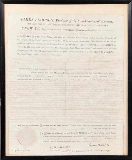 Appraisal: President James Madison signed land grant dated March granting Duncan