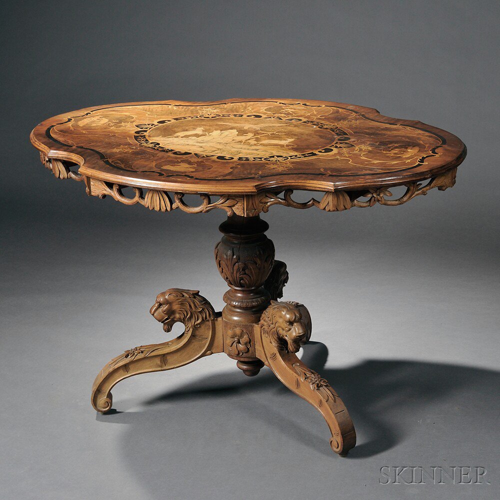 Appraisal: Swiss Walnut Marquetry and Penwork Tilt-top Table late th century