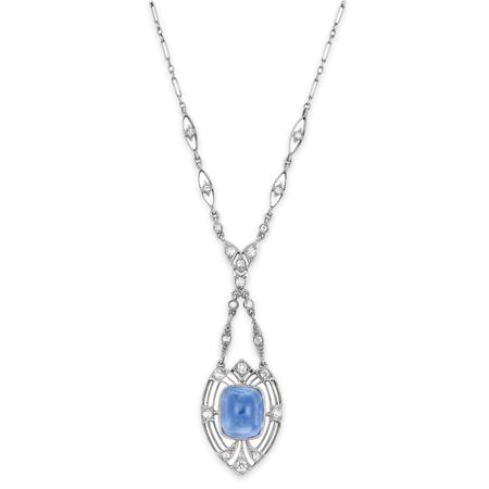 Appraisal: Platinum Cabochon Sapphire and Diamond Lavaliere Estimate -