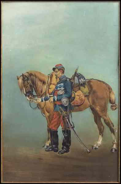 Appraisal: FRENCH SCHOOL TH CENTURY SOLDIER WITH HORSE Oil on board