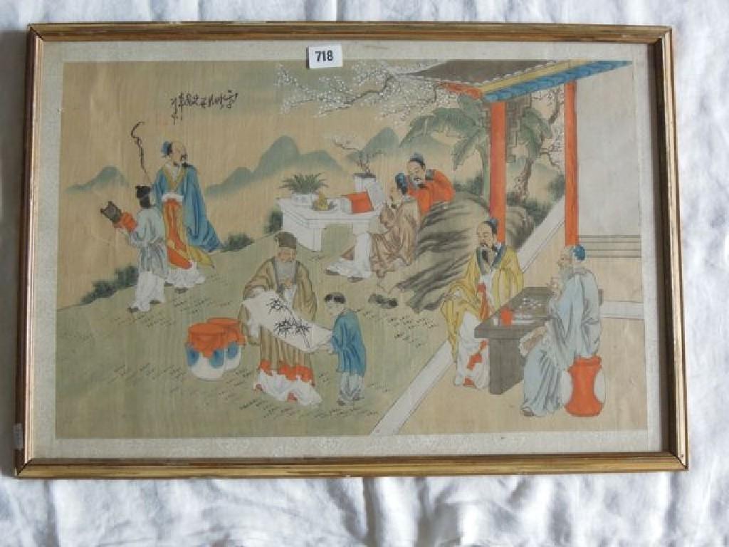 Appraisal: An oriental watercolour painting on silk panel incorporating numerous male