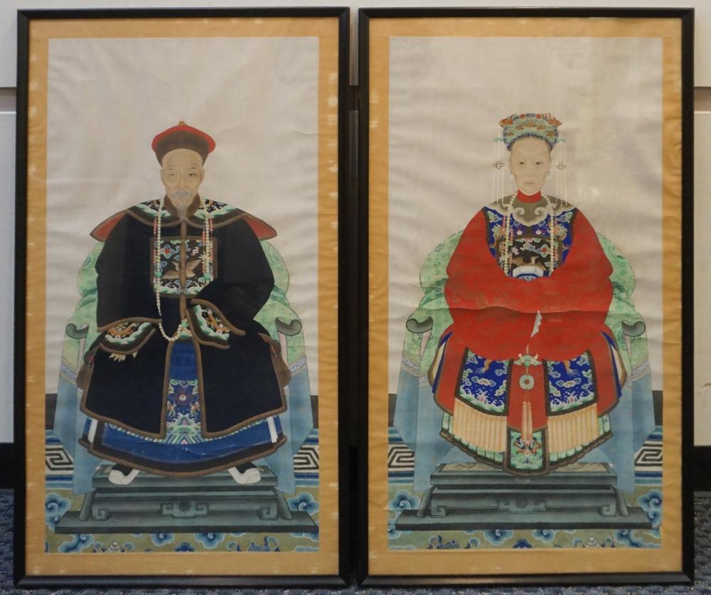 Appraisal: Pair Chinese Ancestral Portraits Watercolors Frame x in x cm