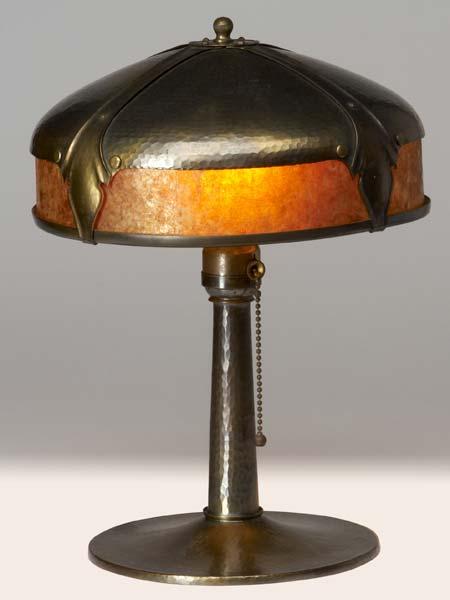 Appraisal: ROYCROFT Hammered copper and mica helmet-shade table lamp Orb Cross