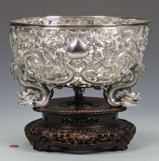 Appraisal: Large Chinese Export Silver Dragon Bowl Large Chinese export silver