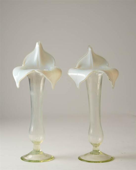 Appraisal: A Pair of Blown Art Glass Jack-in-the-Pulpit Vases having applied