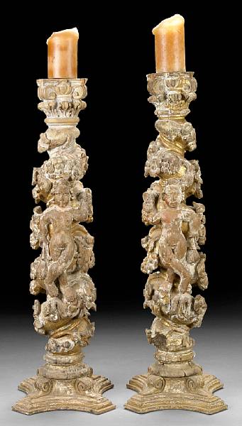 Appraisal: A pair of Spanish Colonial carved altar sticks late th