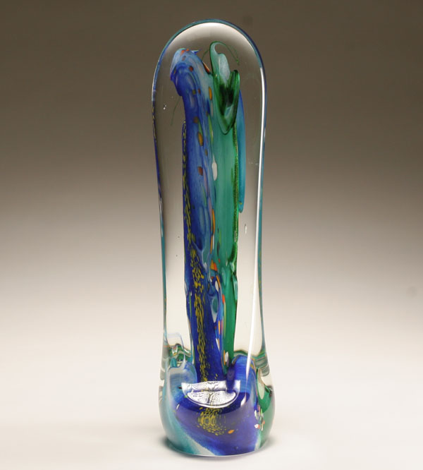 Appraisal: Jim Karg Blade glass paperweight obelisk Center of pulled blue