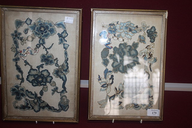 Appraisal: A PAIR OF CHINESE EMBROIDERED PANELS framed th Century cm