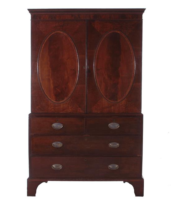 Appraisal: English inlaid mahogany linen press circa dentil-molded crown oval-paneled doors