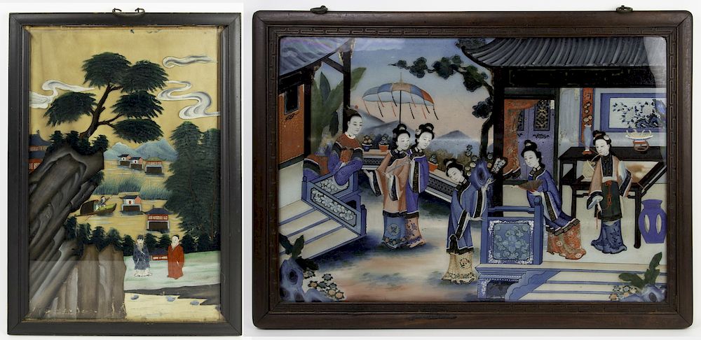 Appraisal: Two Reverse Glass Chinese Paintings The larger depicing ladies in