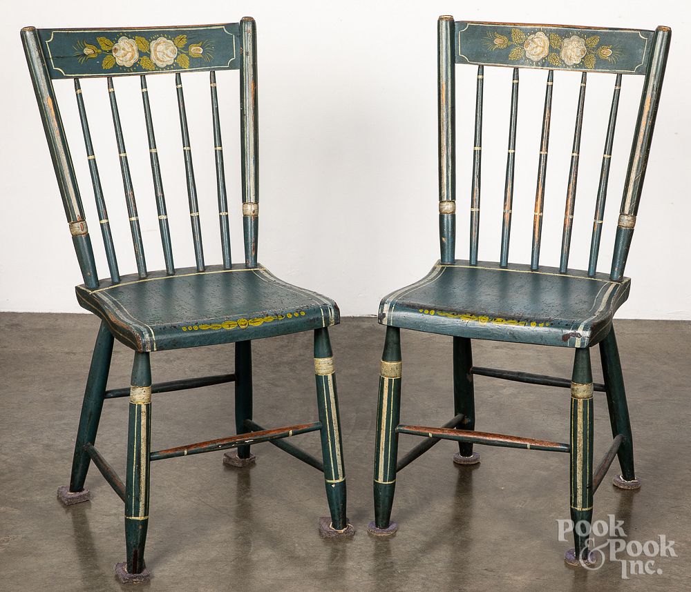 Appraisal: Pair of Pennsylvania painted plank seat chairs Pair of Pennsylvania