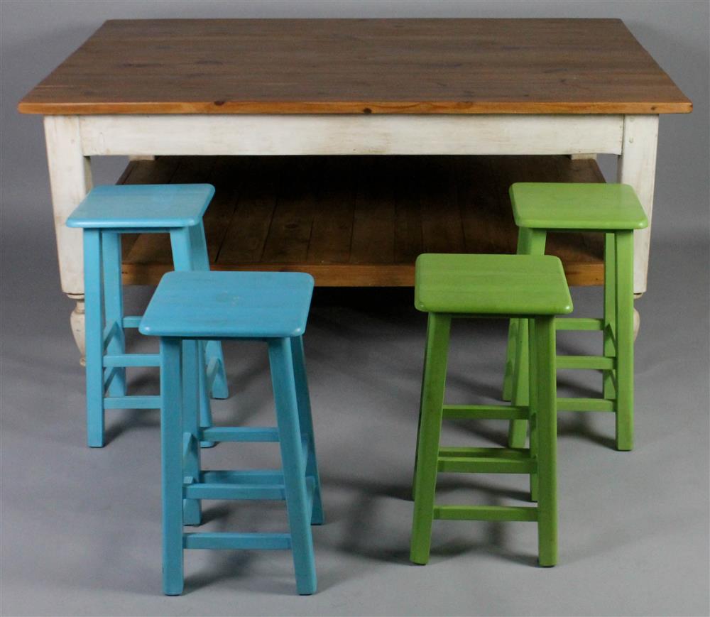 Appraisal: LARGE PINE PAINTED WORK TABLE TOGETHER WITH FOUR PAINTED STOOLS