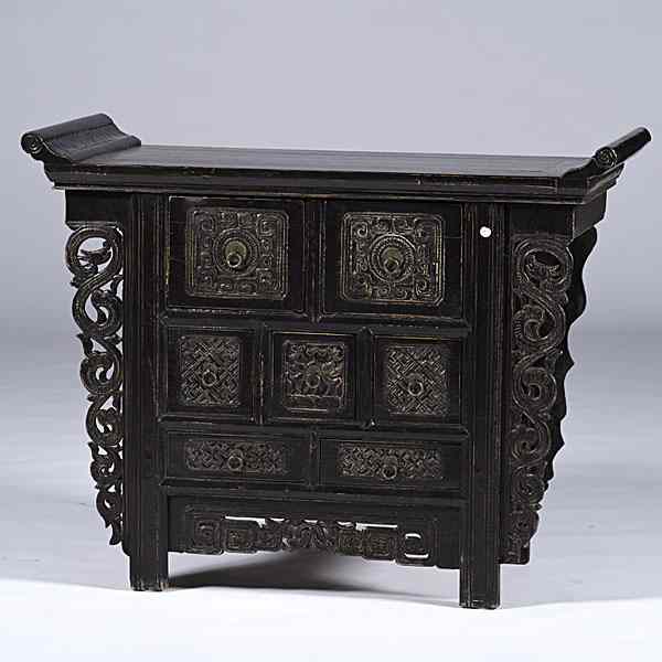 Appraisal: Chinese Carved Altar Table Chinese A lacquered elmwood altar table