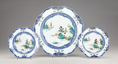 Appraisal: Three Chinese export porcelain famille rose and blue glazed plates