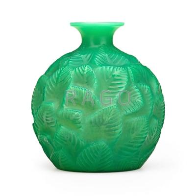 Appraisal: LALIQUE Ormeaux vase cased green glass Condition Report