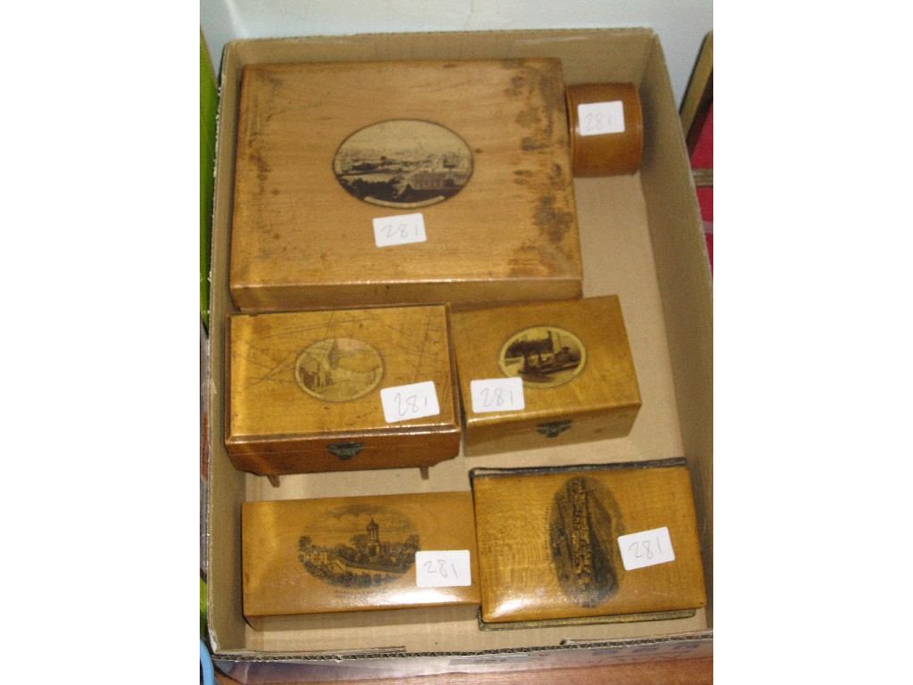 Appraisal: Lot comprising four Mauchline boxes a Bible and a napkin