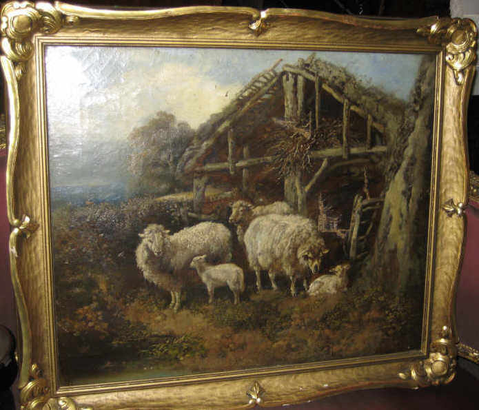 Appraisal: TH CENTURY Sheep grazing near a barn oil on canvas