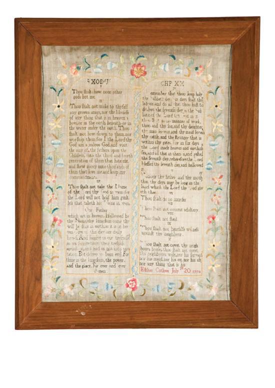 Appraisal: NEEDLEWORK Esther Cutlove probably English silk on wool Religious verses