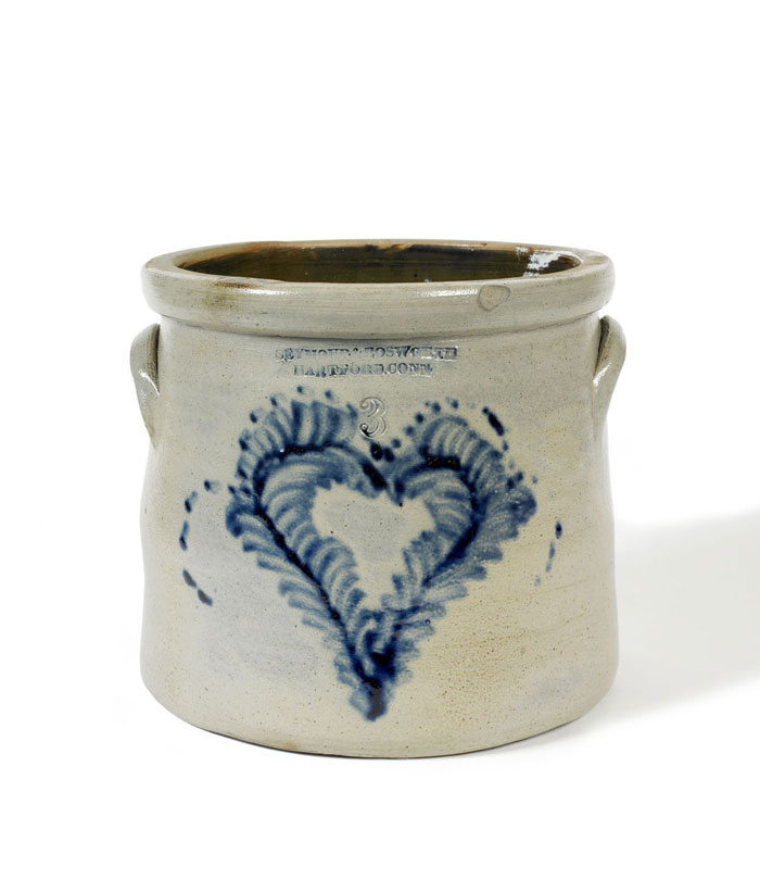 Appraisal: CONNECTICUT SALT-GLAZED AND COBALT-SLIP HEART DECORATED STONEWARE THREE-GALLON CROCK IMPRESSED