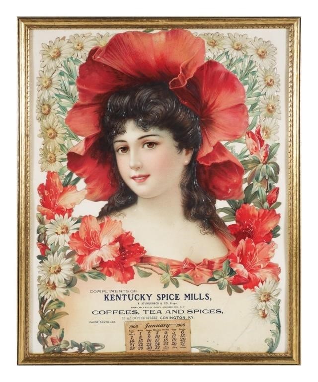 Appraisal: Hanging calendar with a portrait of a young woman Advertising