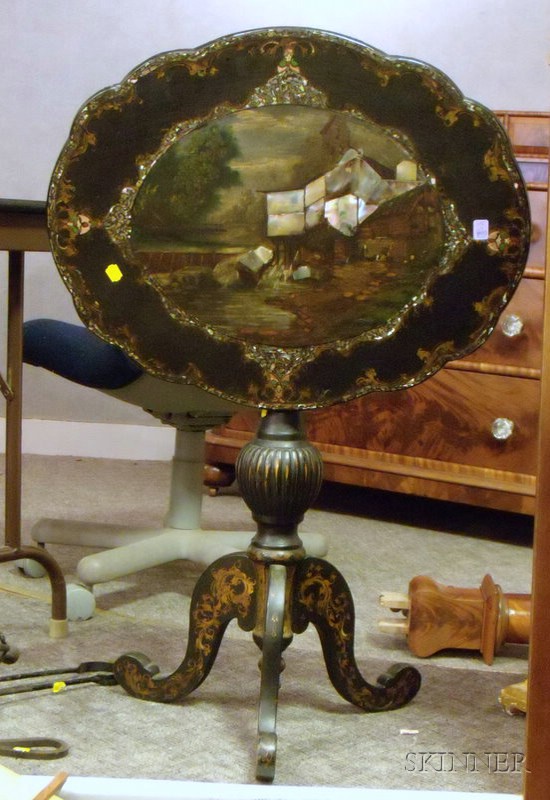 Appraisal: Victorian Mother-of-pearl Inlaid and Gilt Decorated Tilt-top Ebonized Candlestand