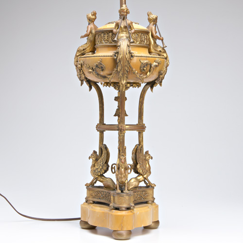 Appraisal: BELGIAN CLASSICAL STYLE Bronze lamp with three griffins and three