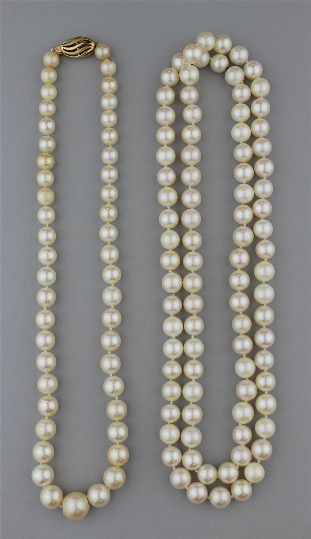 Appraisal: TWO SALTWATER CULTURED PEARL NECKLACES ONE WITH A K YELLOW