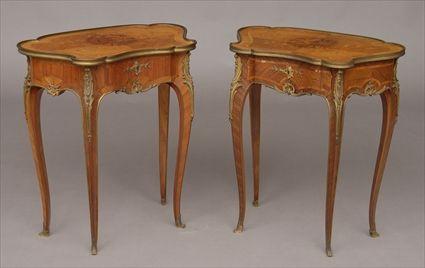 Appraisal: PAIR OF LOUIS XV-STYLE GILT-METAL MOUNTED AND MARQUETRY INLAID KIDNEY-SHAPE