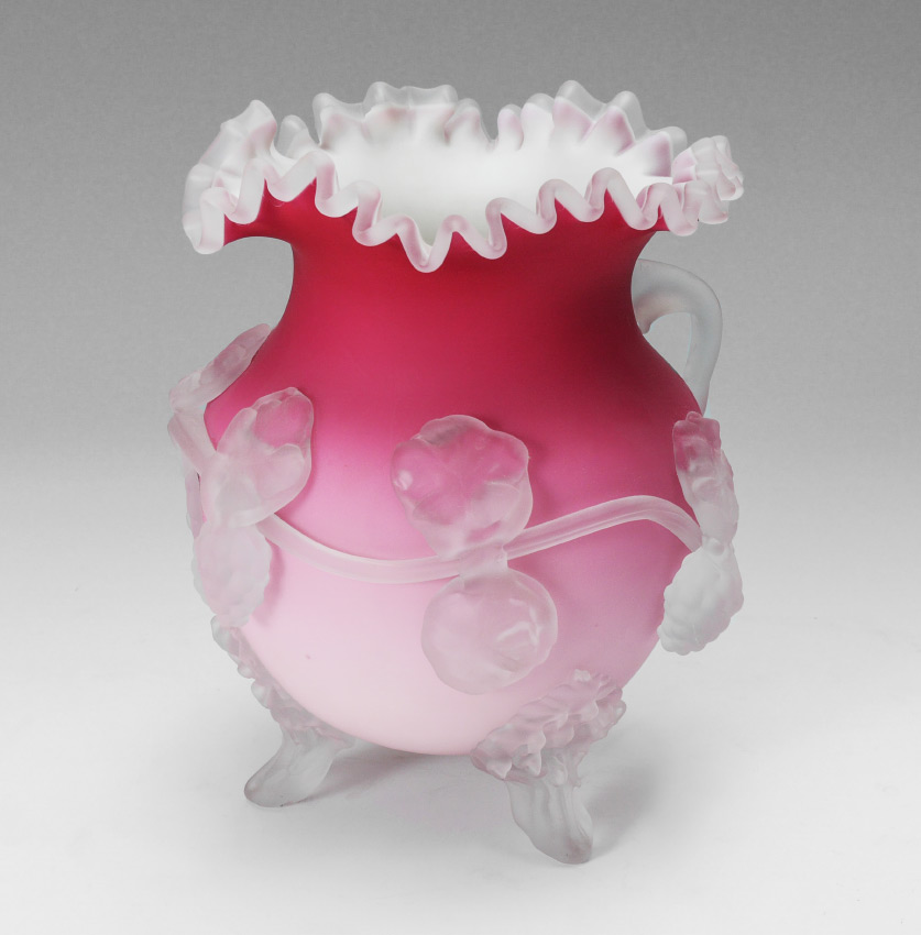 Appraisal: STEVENS WILLIAM PEACH BLOW FOOTED ART GLASS VASE Attrib Ruffled