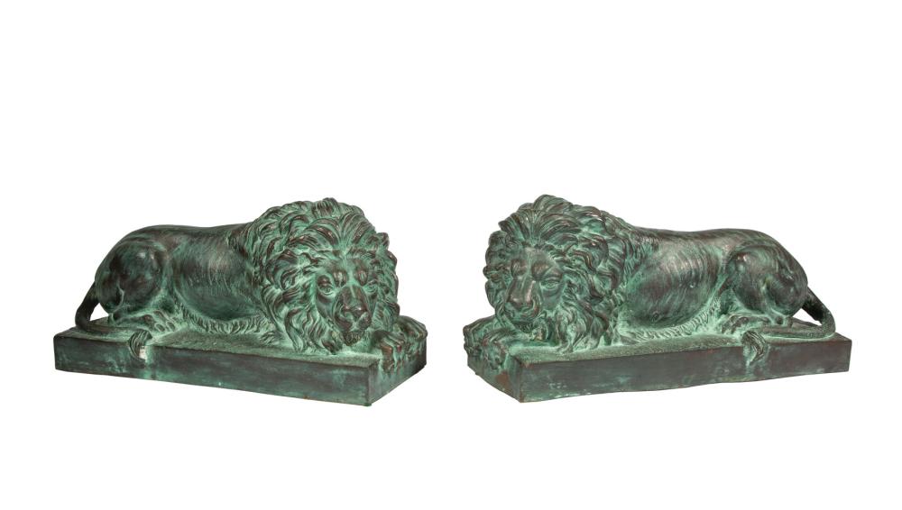 Appraisal: Pair of Patinated Bronze Recumbent Lions inscribed Michele Sanmicheli on