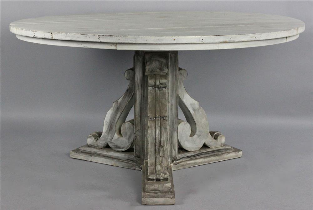 Appraisal: WHITEWASHED WOOD DINING TABLE WITH SCROLL PEDESTAL BASE plank top