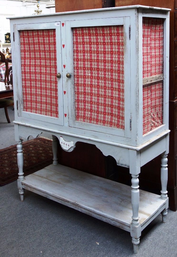 Appraisal: A grey painted two door meat safe on turned supports