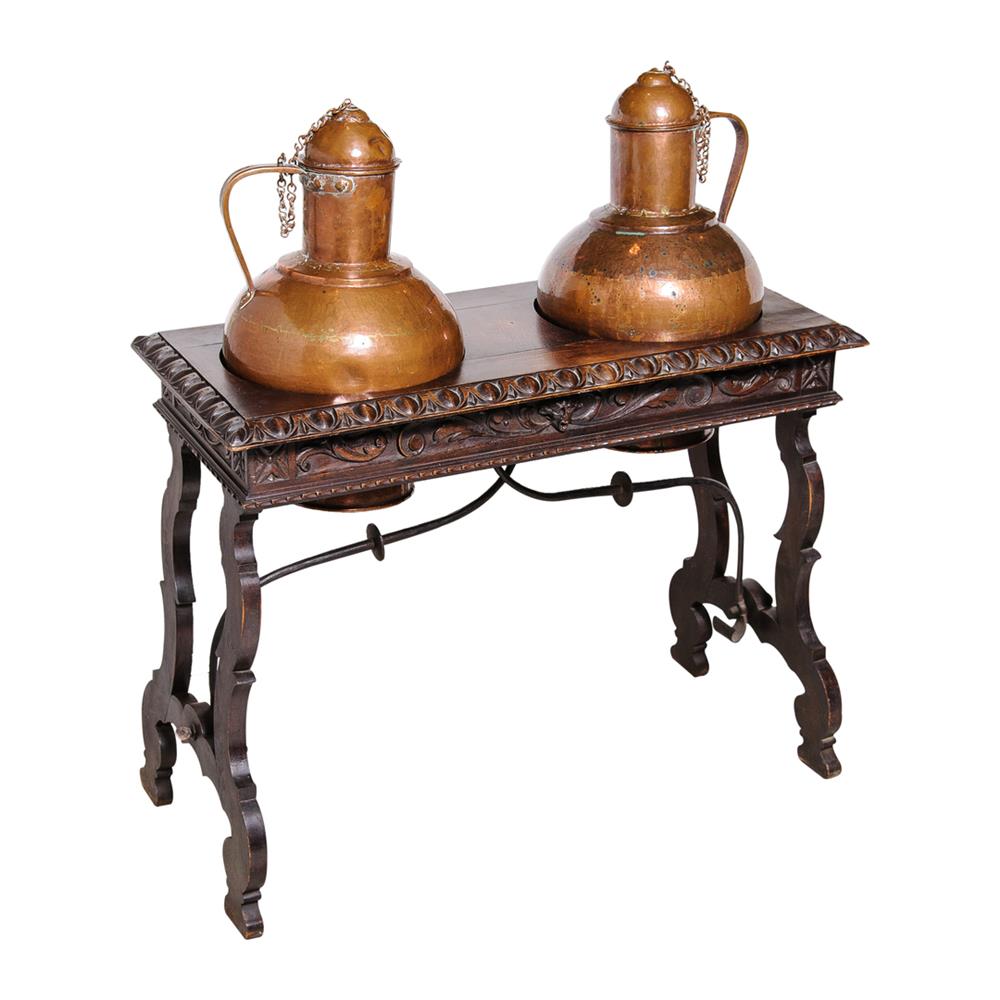 Appraisal: SPANISH BAROQUE CARVED OAK AND COPPER SERVING VESSEL TABLE the