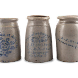 Appraisal: Three Cobalt-Decorated Stoneware Canning Jars th Century comprising a Hamilton