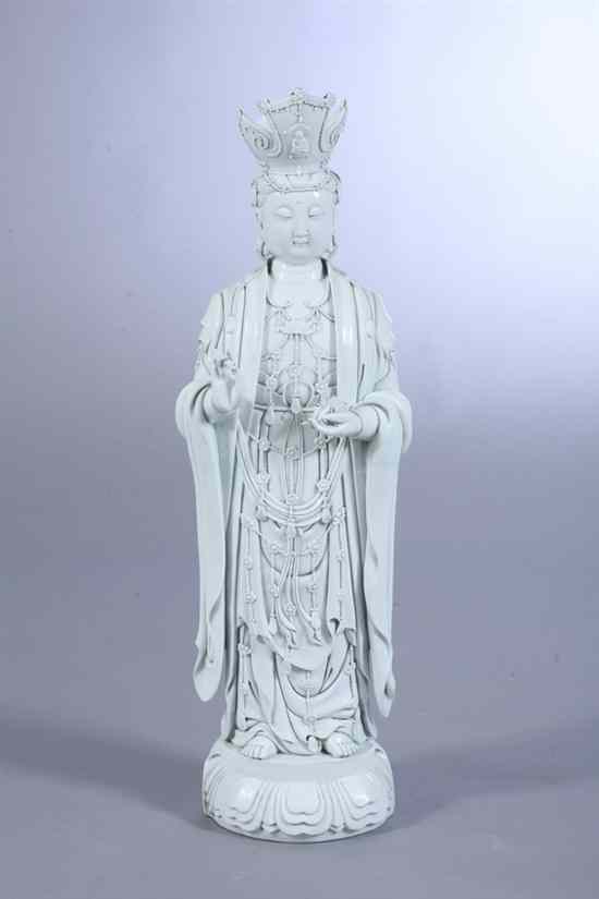 Appraisal: CHINESE BLANC-DE-CHINE FIGURE OF GUANYIN Standing wearing a crown long