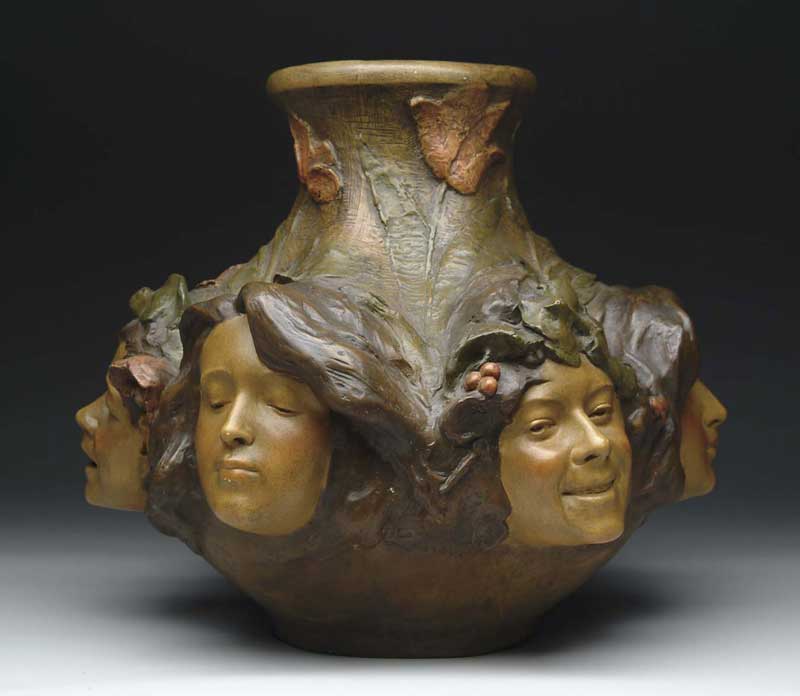 Appraisal: OUTSTANDING GOLDSCHEIDER ART NOUVEAU POTTERY HEAD VASE Monumental vase has